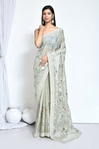 Green Satin Silk Sequence Embroidered With Stone Work Festive Saree - Nimaya Denzy | Grocsy