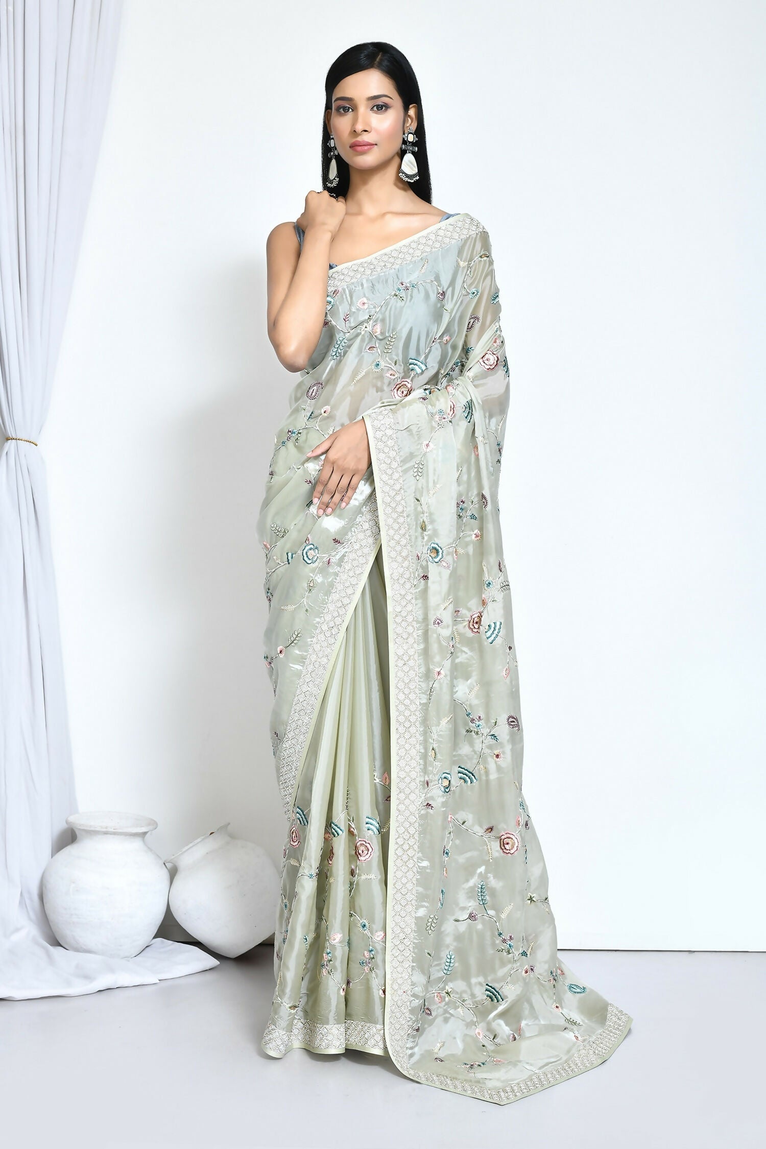Green Satin Silk Sequence Embroidered With Stone Work Festive Saree - Nimaya Denzy | Grocsy