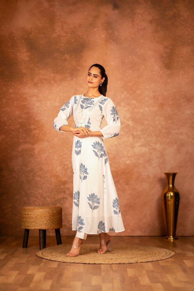 Joban Fashion Blue Floral Hand Block Printed Cotton Kurta Pant Set | Grocsy