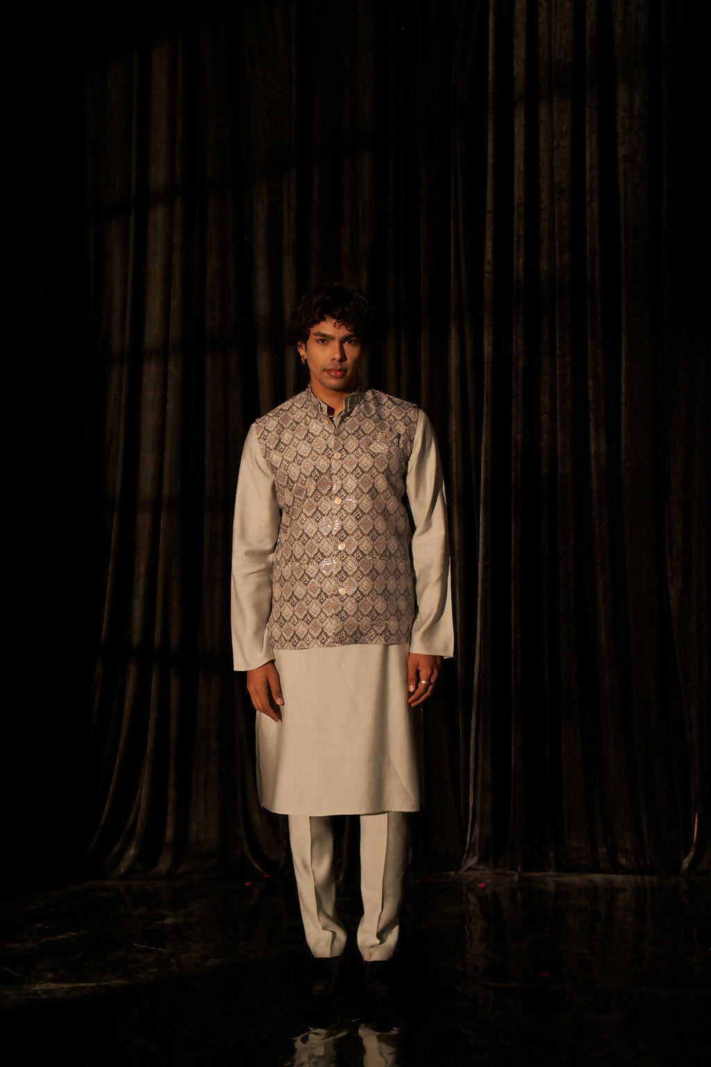 Grey Viscose Designer Printed Men's Kurta Set with Koti - Mahotsav | Grocsy