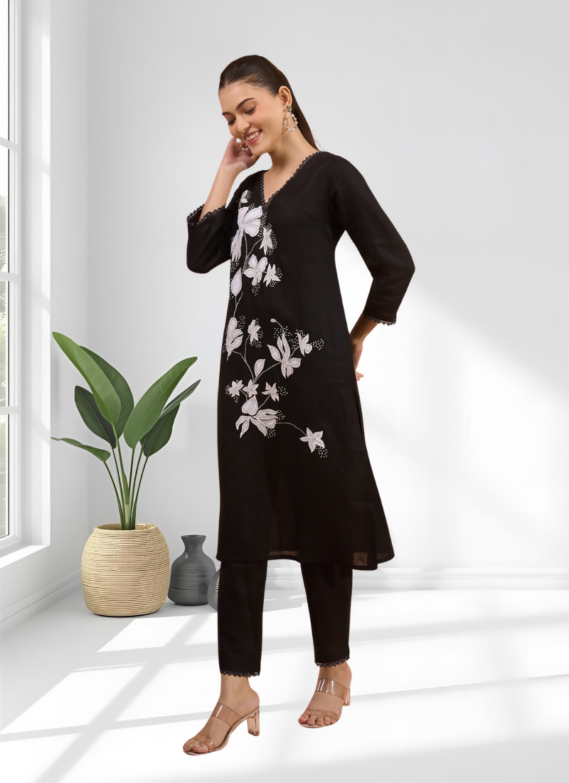 Joban Fashion Black Linen Embroidered Readymade Long Kurta With Pant | Grocsy