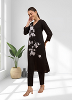 Joban Fashion Black Linen Embroidered Readymade Long Kurta With Pant | Grocsy