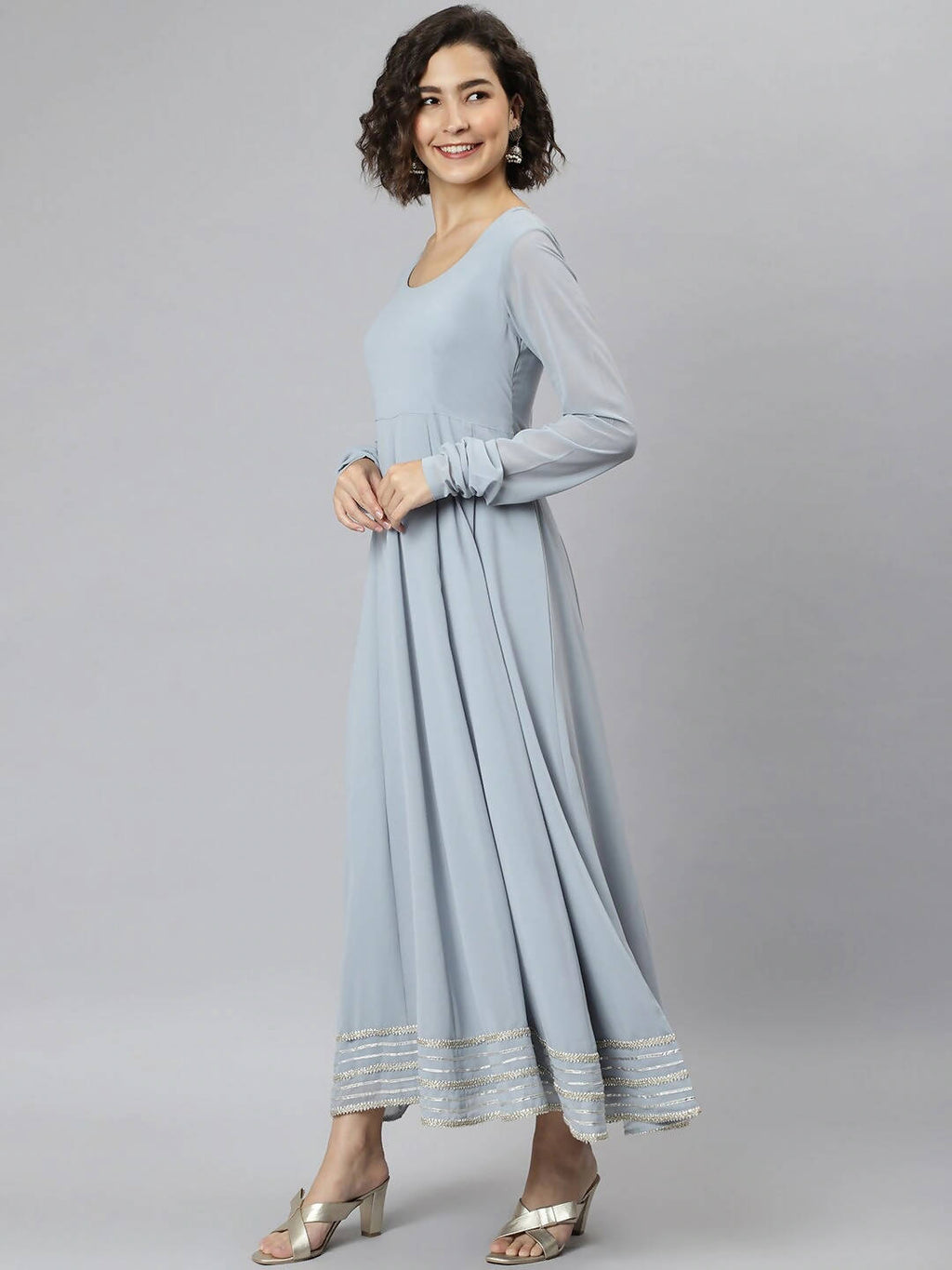 Janasya Women Grey Flared Sleeves Gotta Patti Georgette Anarkali Kurta | Grocsy