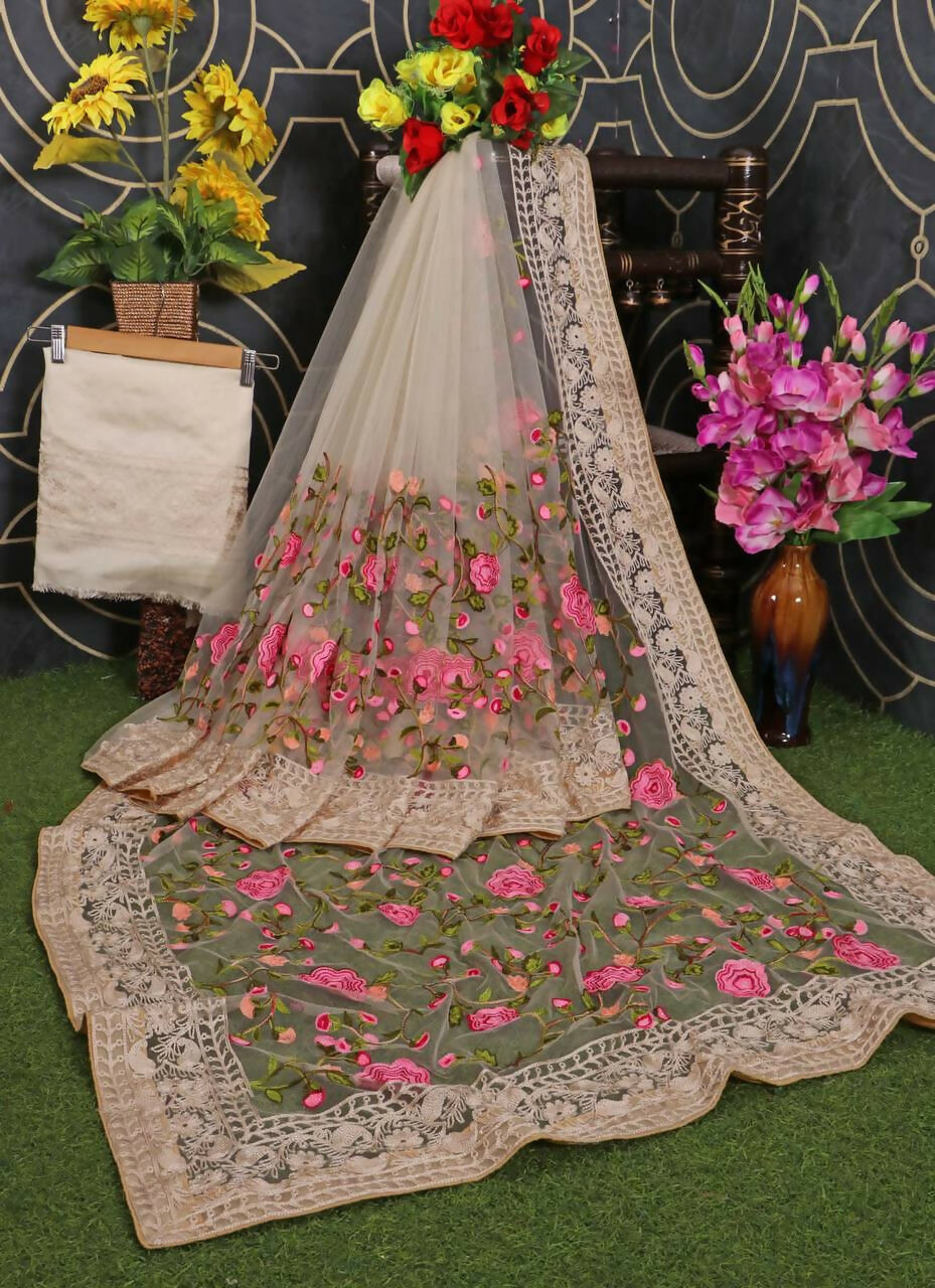 Teeya Creation Womens Latest Stylish Party Wear Soft Net Saree-Cream | Grocsy