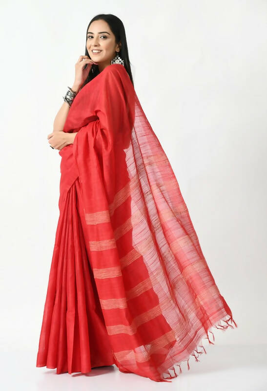 Mominos Fashion Moeza Red Bhagalpuri Handloom 8 Line Ghichha Silk Saree with unstitched Blouse piece | Grocsy