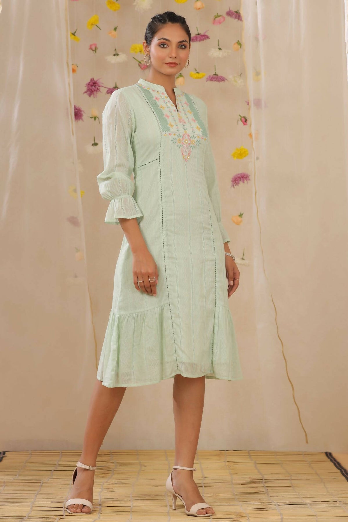 Juniper Women Sagegreen Cotton Dobby Woven Design A-Line Dress | Grocsy