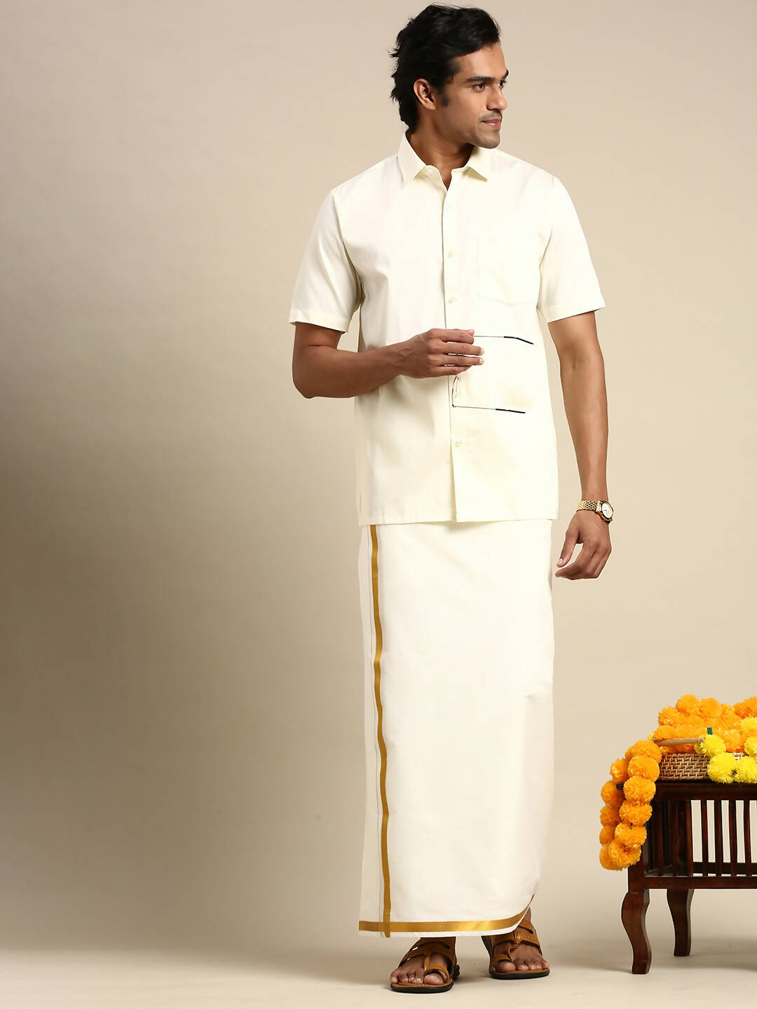 Ramraj Cotton Mens Cotton Cream Colour Half Sleeve Shirt | Grocsy