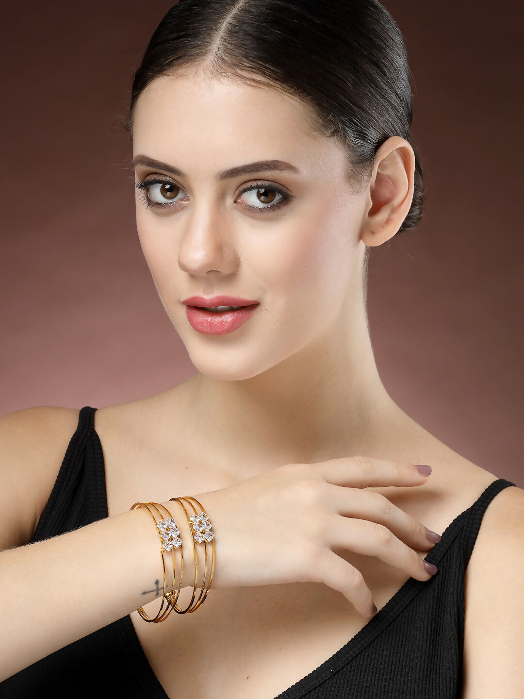 NVR Women's Set of 2 Gold-Polished CZ Stone-Studded Adjustable Bangles