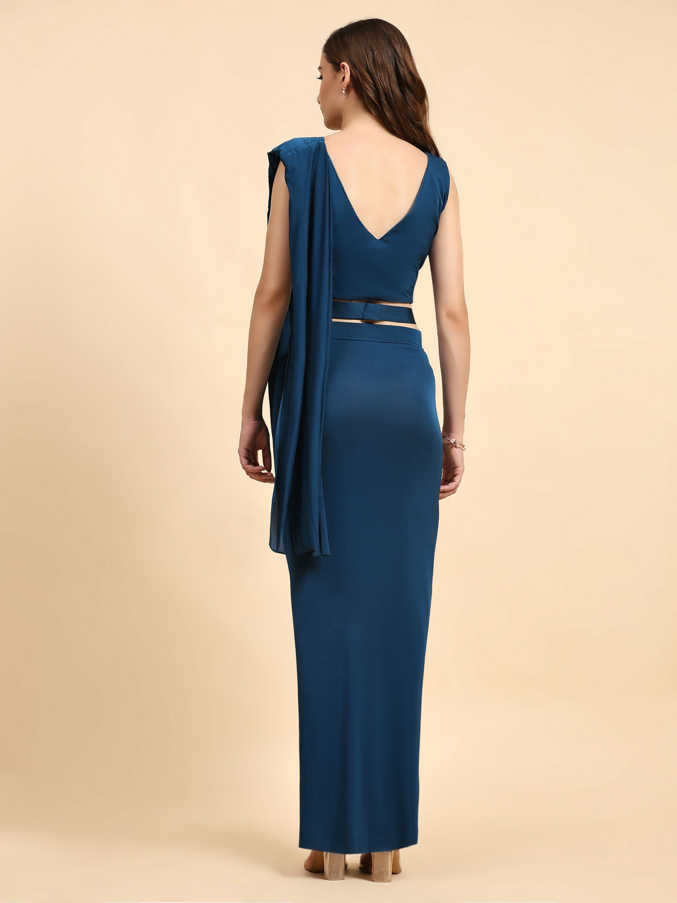 Blue Polyester Solid Ready to Wear Saree with stitched Blouse - Nita | Grocsy