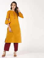 Aniyah Cotton Criss Cross Bell Sleeves Straight Mustard Color Kurta (AN-146K) | Grocsy