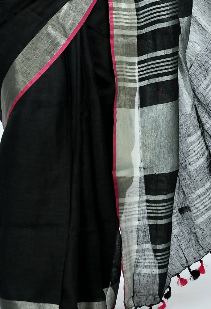 Mominos Fashion Moeza Pure Linen Black Saree | Grocsy