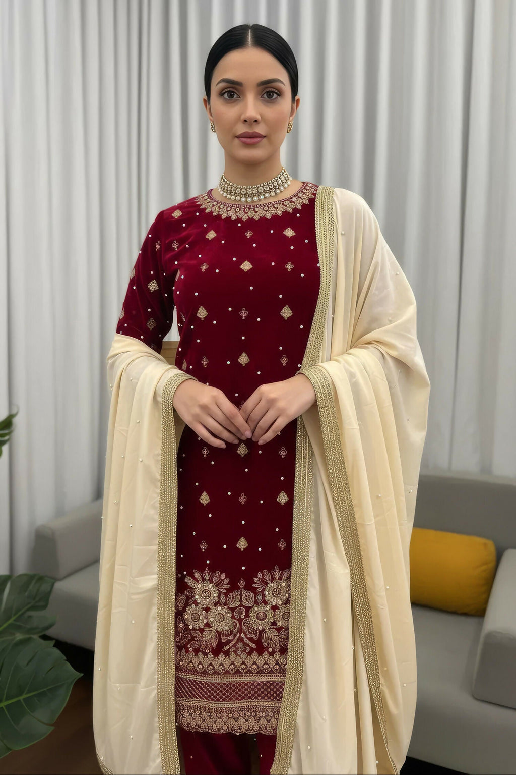 Joban Fashion Deep Maroon Velvet Embroidery Kurta Set | Grocsy