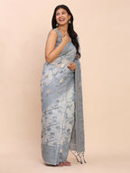Shree Shyam Fashion Linen Cotton Grey Saree | Grocsy