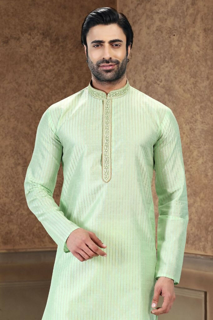 Raivat Ethnic Jacquard Art Silk Thread Work Kurta Pajama In Pista Green Colour | Grocsy
