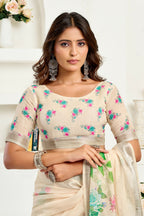 Vastranavya Cream Digital Printed Linen Ready To Wear Designer Saree with Unstitched Blouse | Grocsy