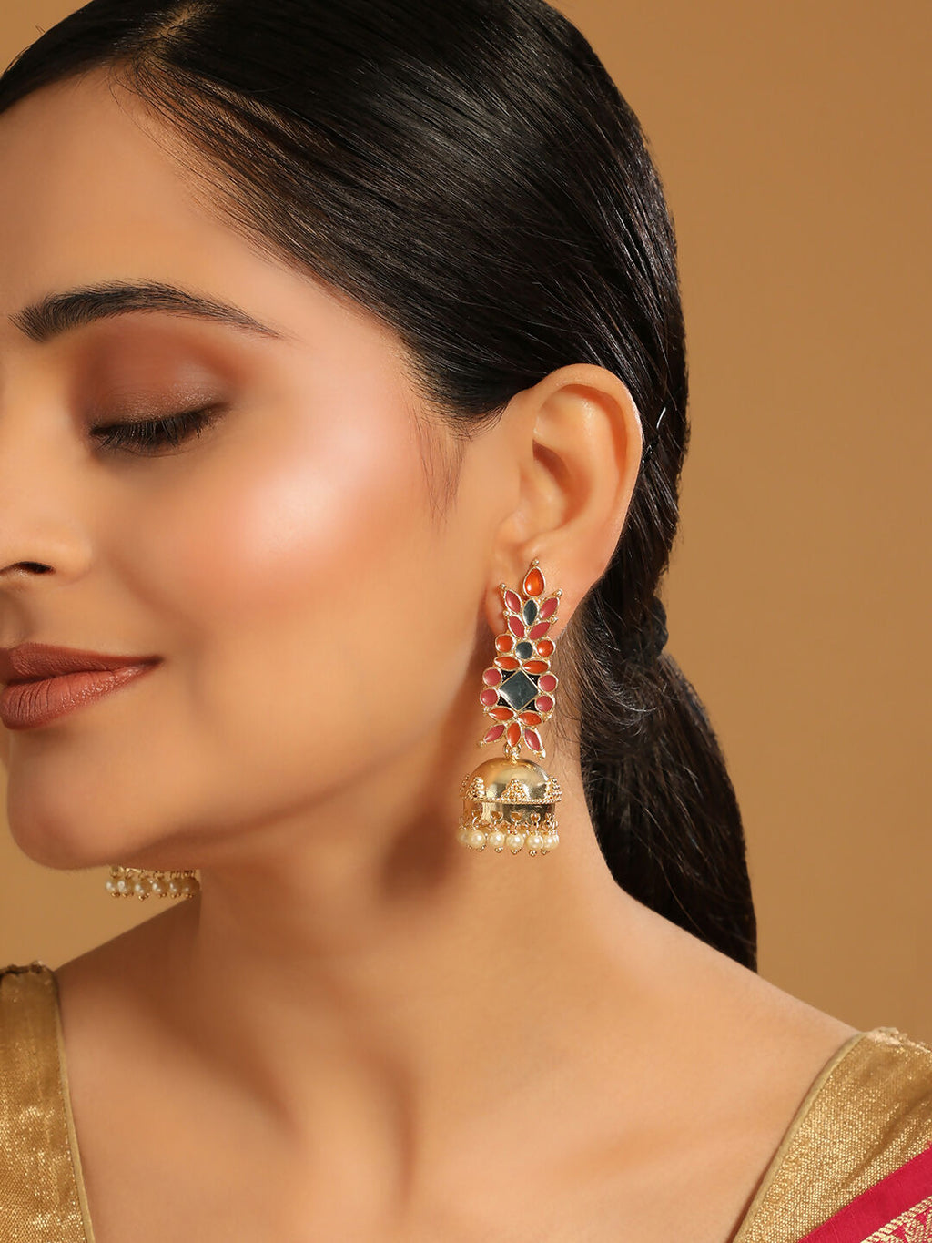 Nuyug 22K Gold-Plated Enamel & Beaded Dome Shaped Jhumka Earrings | Grocsy