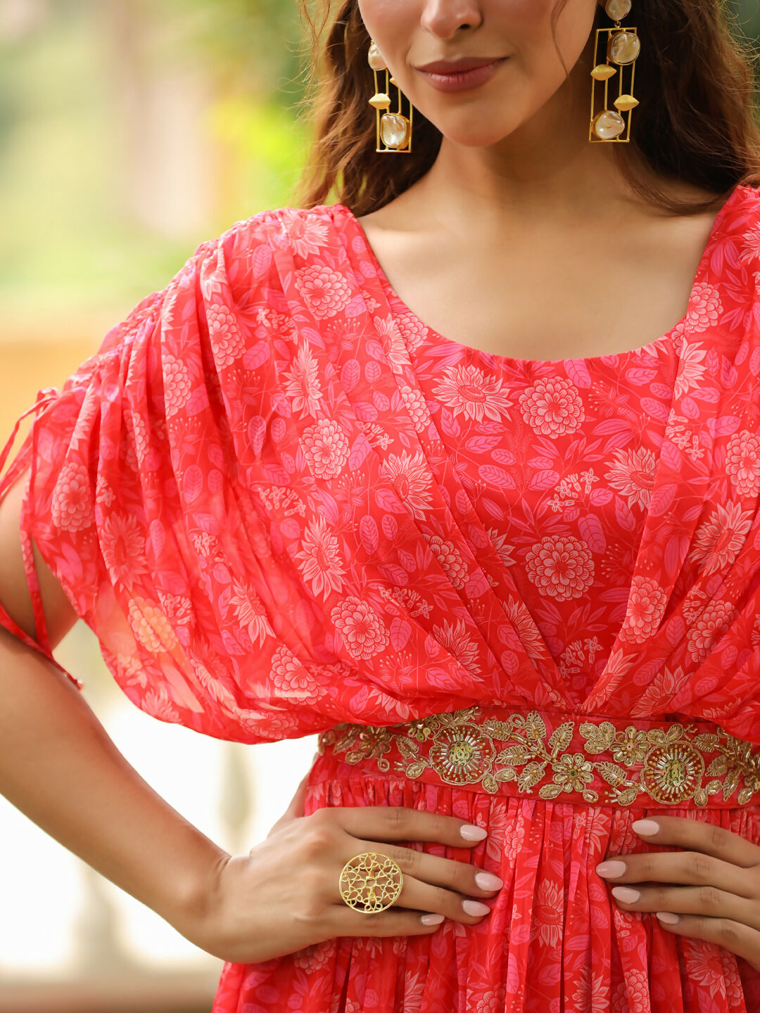 Janasya Pink Georgette Floral Gown | Grocsy