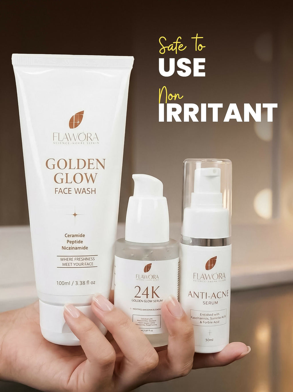 Flawora Set of Golden Glow Face Wash, Anti Acne Serum and 24k Golden Glow Face Serum | Grocsy