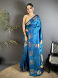 Joban Fashion Blue Motifs Zari Weaving Soft Silk Banarasi Saree | Grocsy