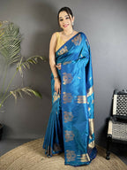 Joban Fashion Blue Motifs Zari Weaving Soft Silk Banarasi Saree | Grocsy
