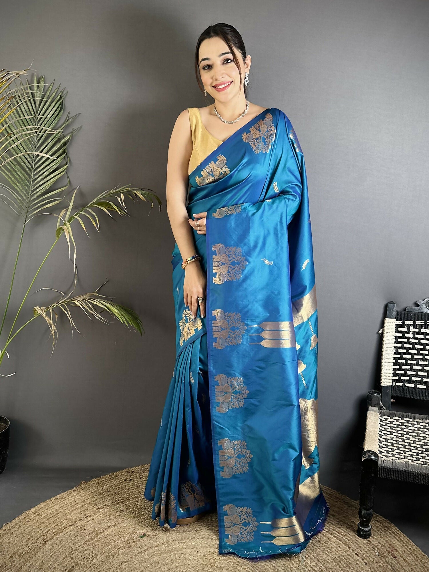 Joban Fashion Blue Motifs Zari Weaving Soft Silk Banarasi Saree | Grocsy