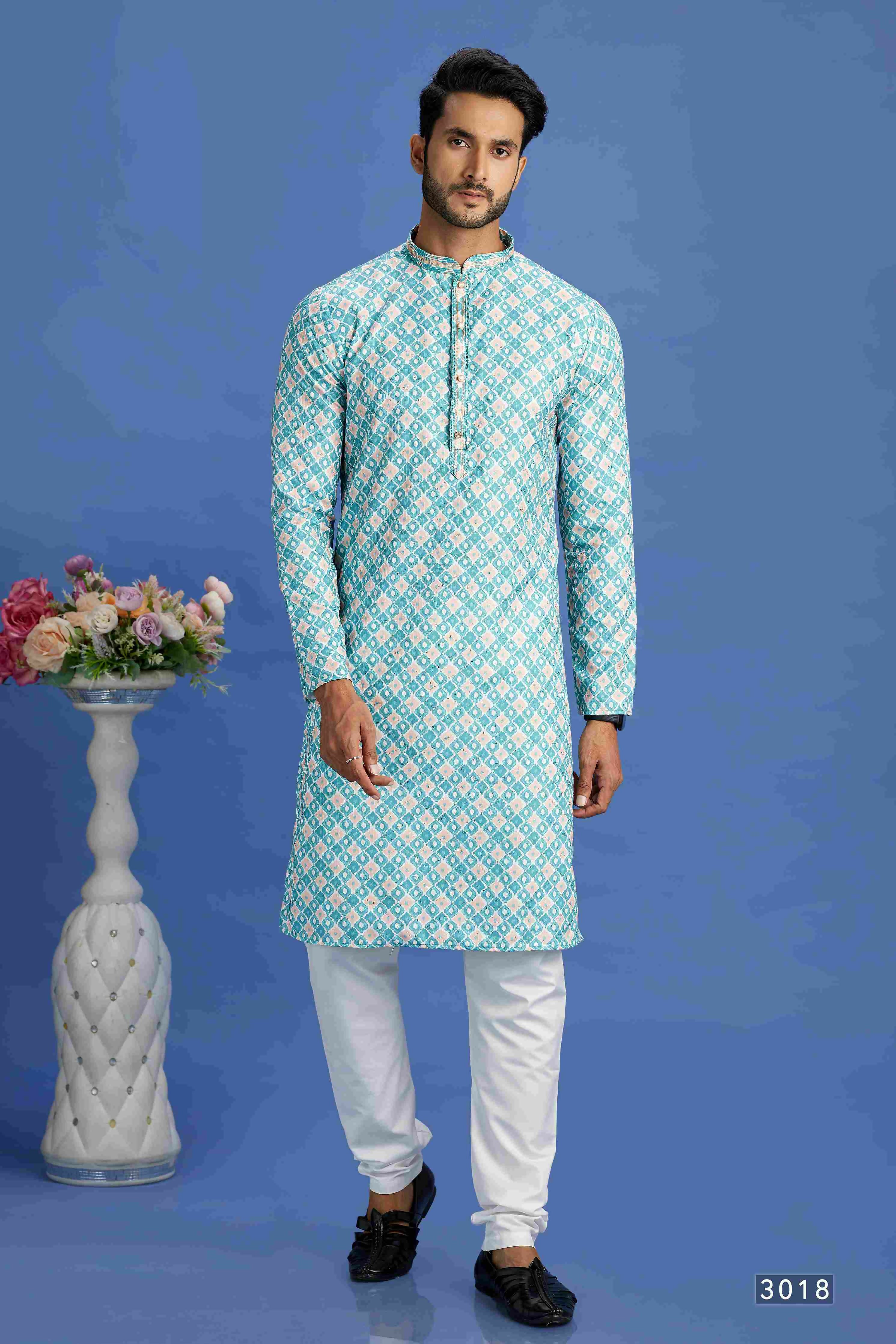 Raivat Ethnic Cotton Embroidery Kurta Pajama In Teal Green Colour | Grocsy