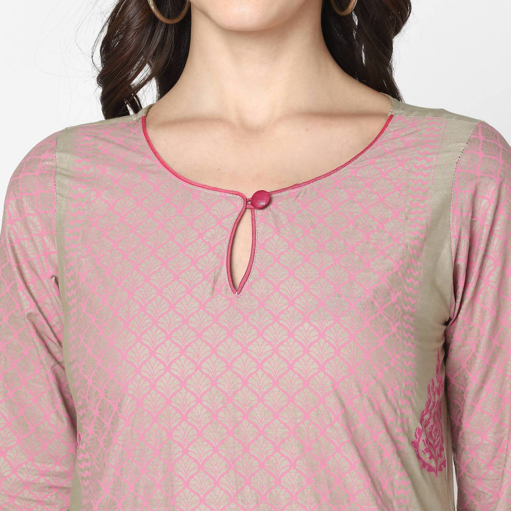 Cheera Hand Block Print Khaki Straight Kurta (MAAI-051K) | Grocsy