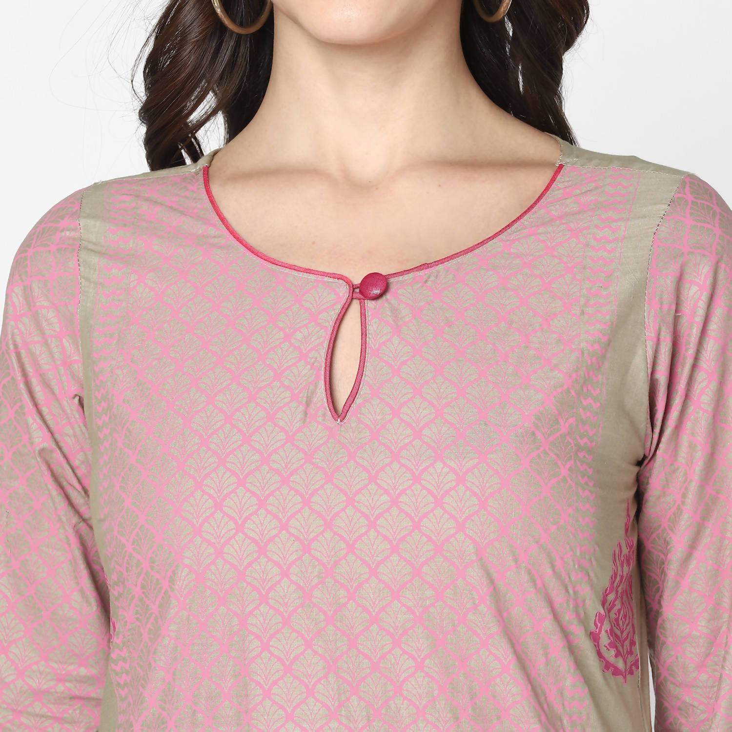 Cheera Hand Block Print Khaki Straight Kurta (MAAI-051K) | Grocsy