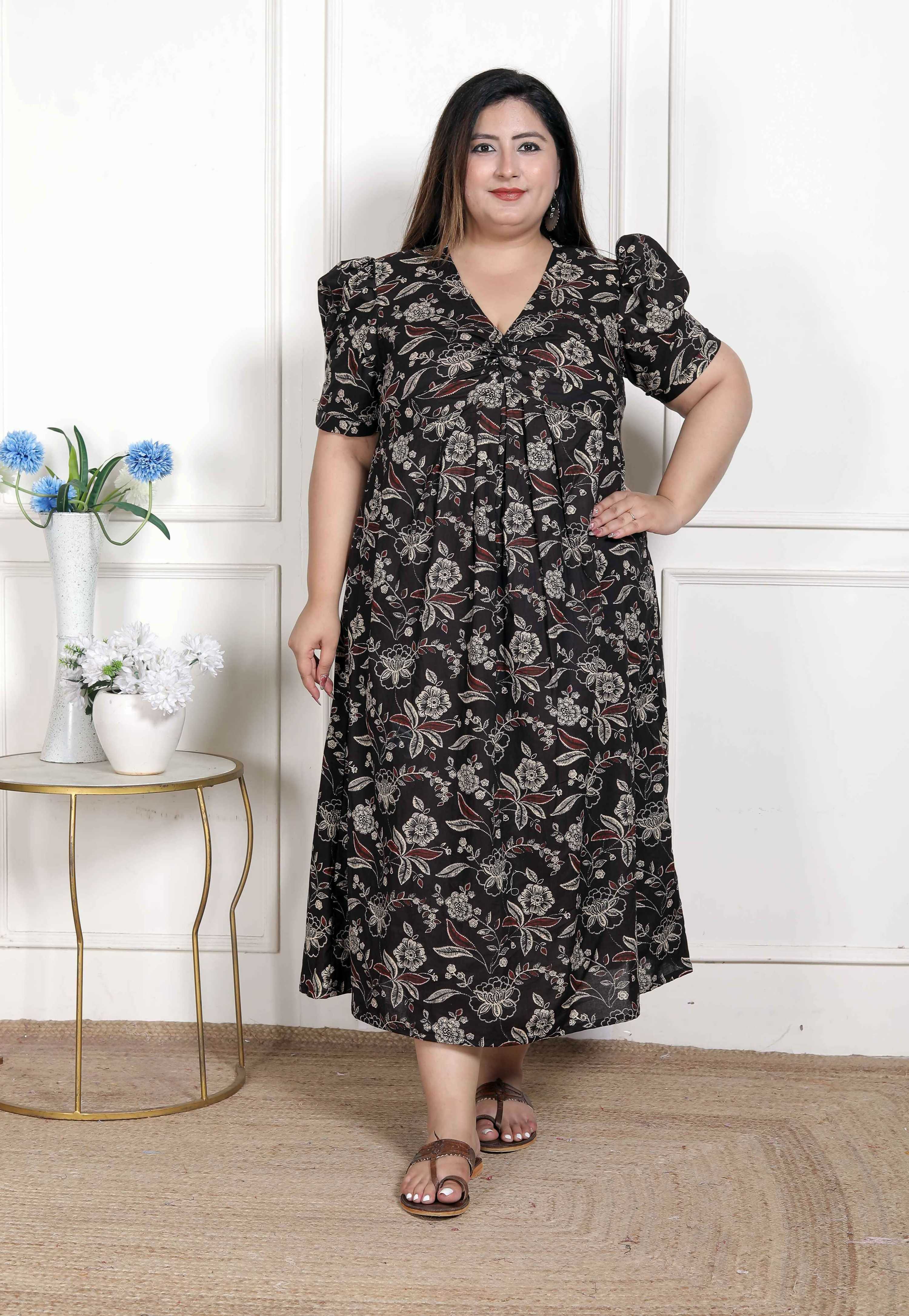 Miravan Women's Plus Size Multicolored Pleated Puff Sleeve Floral Pure Cotton Butterfly Maxi Dress | Grocsy