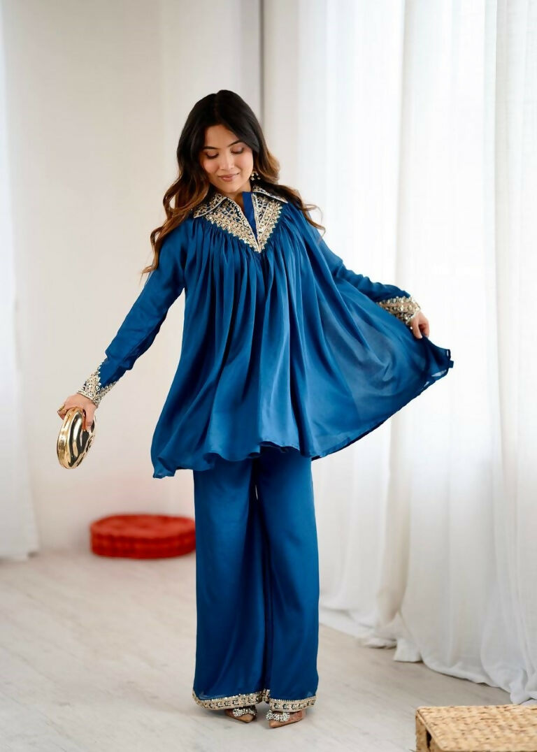 Teeya Creation Blue Heavy Chinnon Silk Embroidery Work Plazo pair | Grocsy