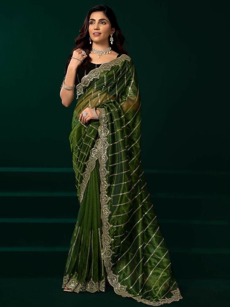 Joban Fashion Green Net Party Wear Sarees | Grocsy