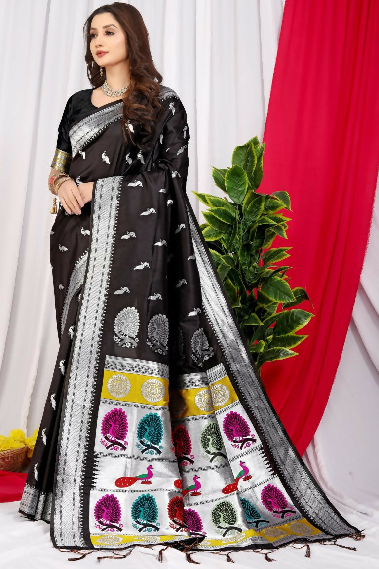 Jyoti Fashion Women's Black Paithani Silk Zari Woven Saree with Blouse | Grocsy