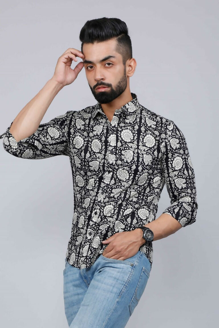 Miravan Men's Black Comfort Floral Printed Cotton Casual Shirt | Grocsy