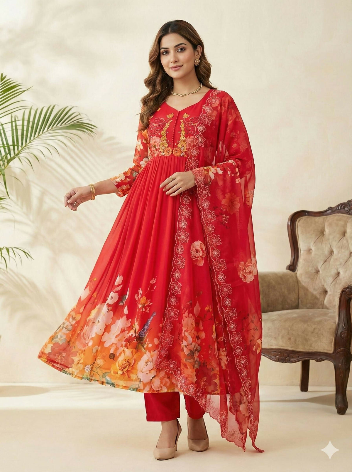 Teeya Creation Womens New Fancy Fox Georgette Heavy Quality Fabric With Handwork Orange Gown Set | Grocsy