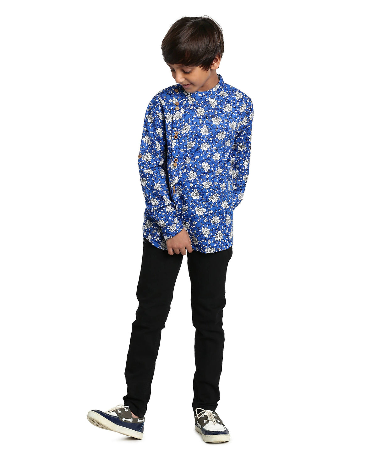 Manet Boys Full Sleeves Flower Printed Ethnic Shirt - Blue | Grocsy