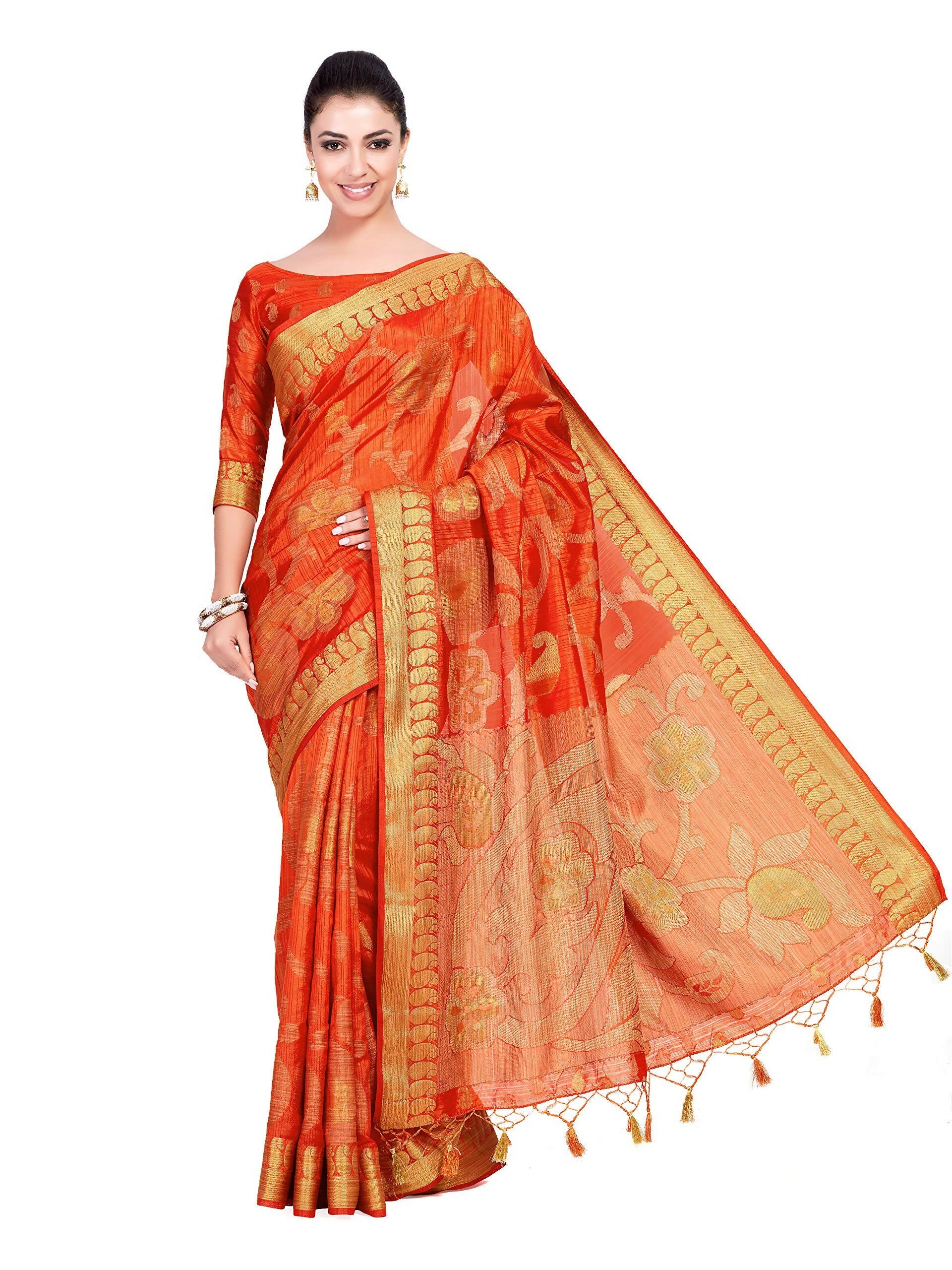 Mimosa Women's Kanchipuram Art Silk Orange Saree | Grocsy