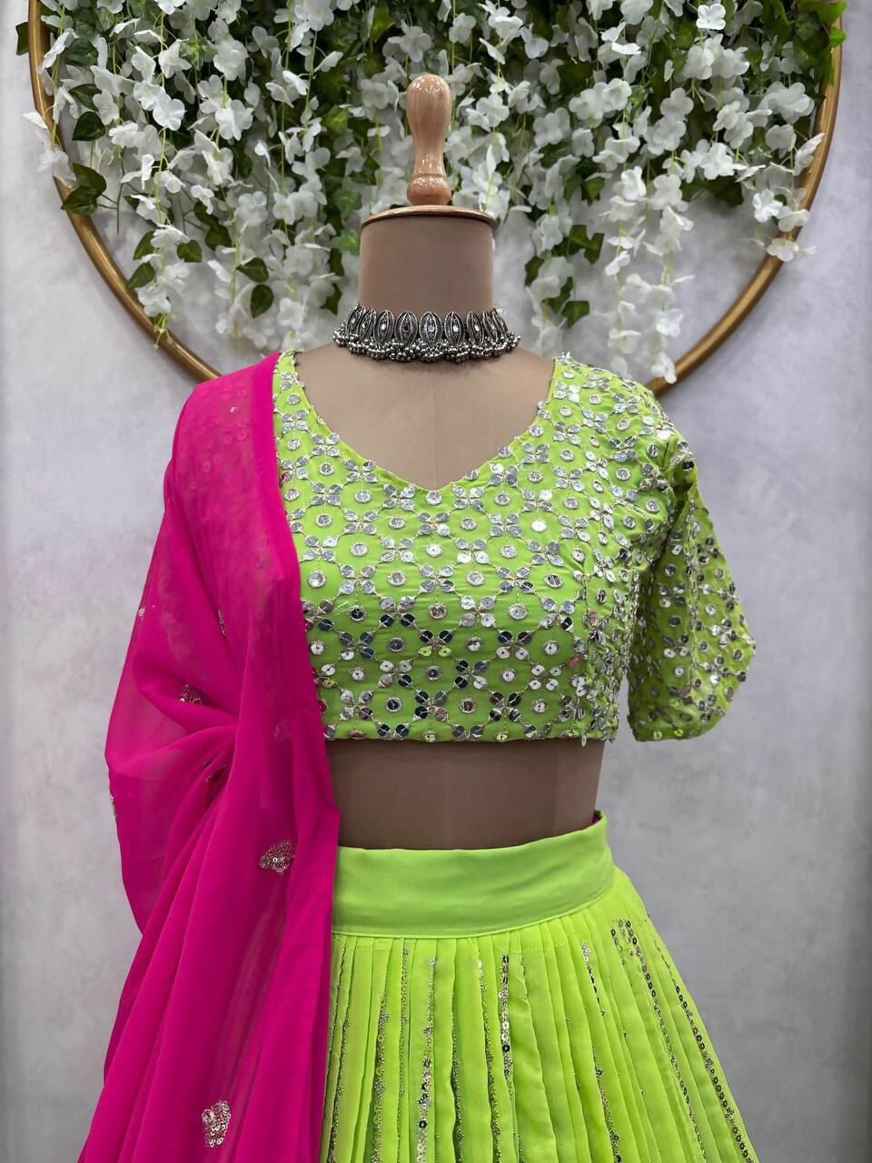 Jyoti Fashion Women's Green Faux Georgette Sequins with Thread Embroidered Designer Lehenga Choli Set | Grocsy