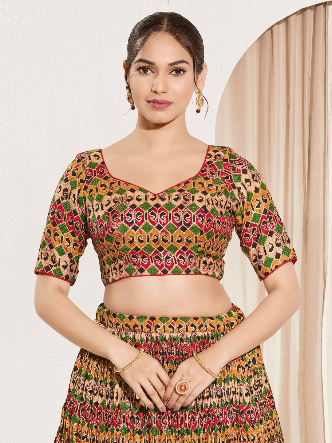 Joban Fashion Red Brocade Padded Blouse With Sweetheart Neck Elbow Sleeves | Grocsy