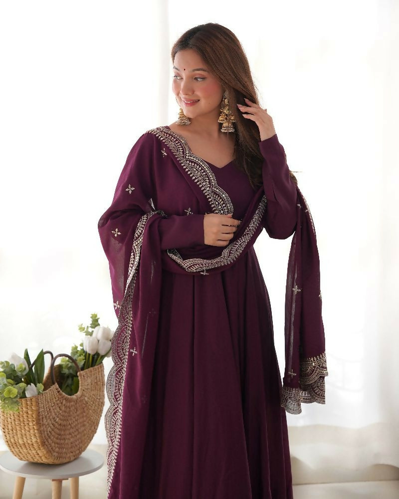 Joban Fashion Wine Kurta Set Chanderi Sequence Embroidery Work | Grocsy