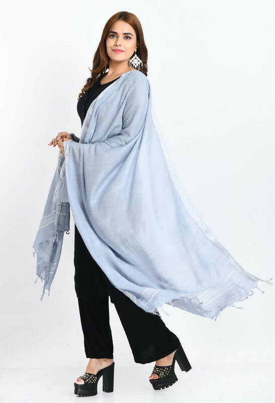 Mominos Fashion Moeza Women's Linen Cotton Silver Border Grey Dupatta | Grocsy