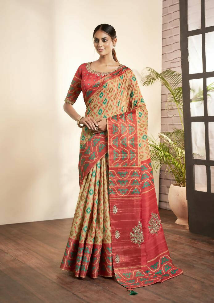 Beige Bhagalpuri Silk Woven design with Hand work butta Saree - Norita Nirvi | Grocsy