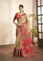 Beige Bhagalpuri Silk Woven design with Hand work butta Saree - Norita Nirvi | Grocsy