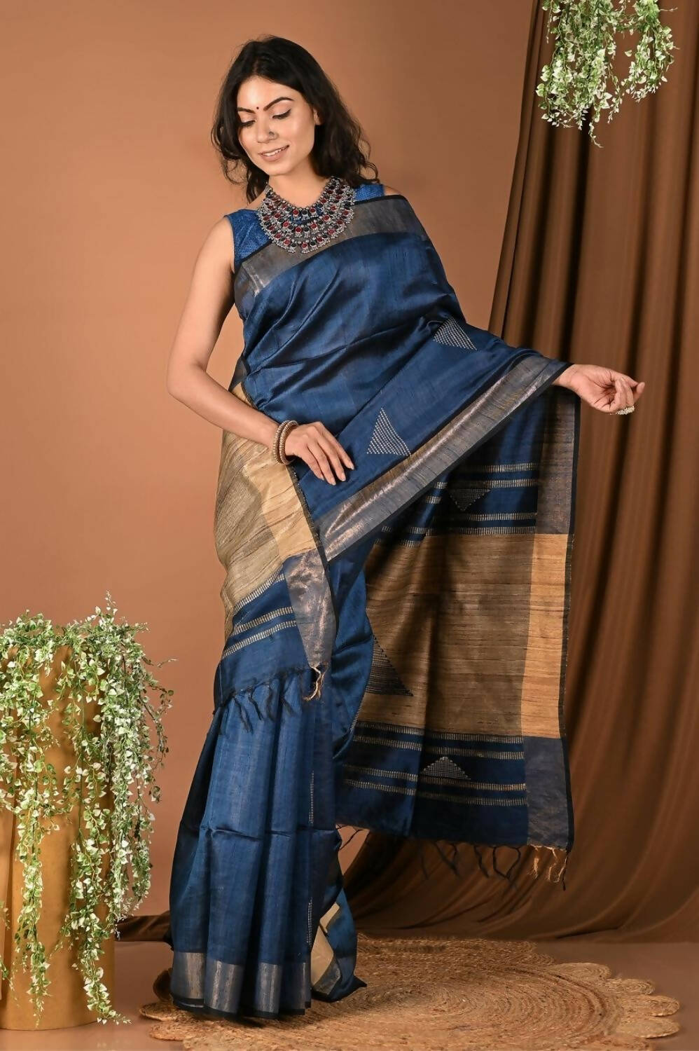 Very Much Indian Handloom Pure Dupion Silk Saree With Sleek Golden Border - Blue | Grocsy