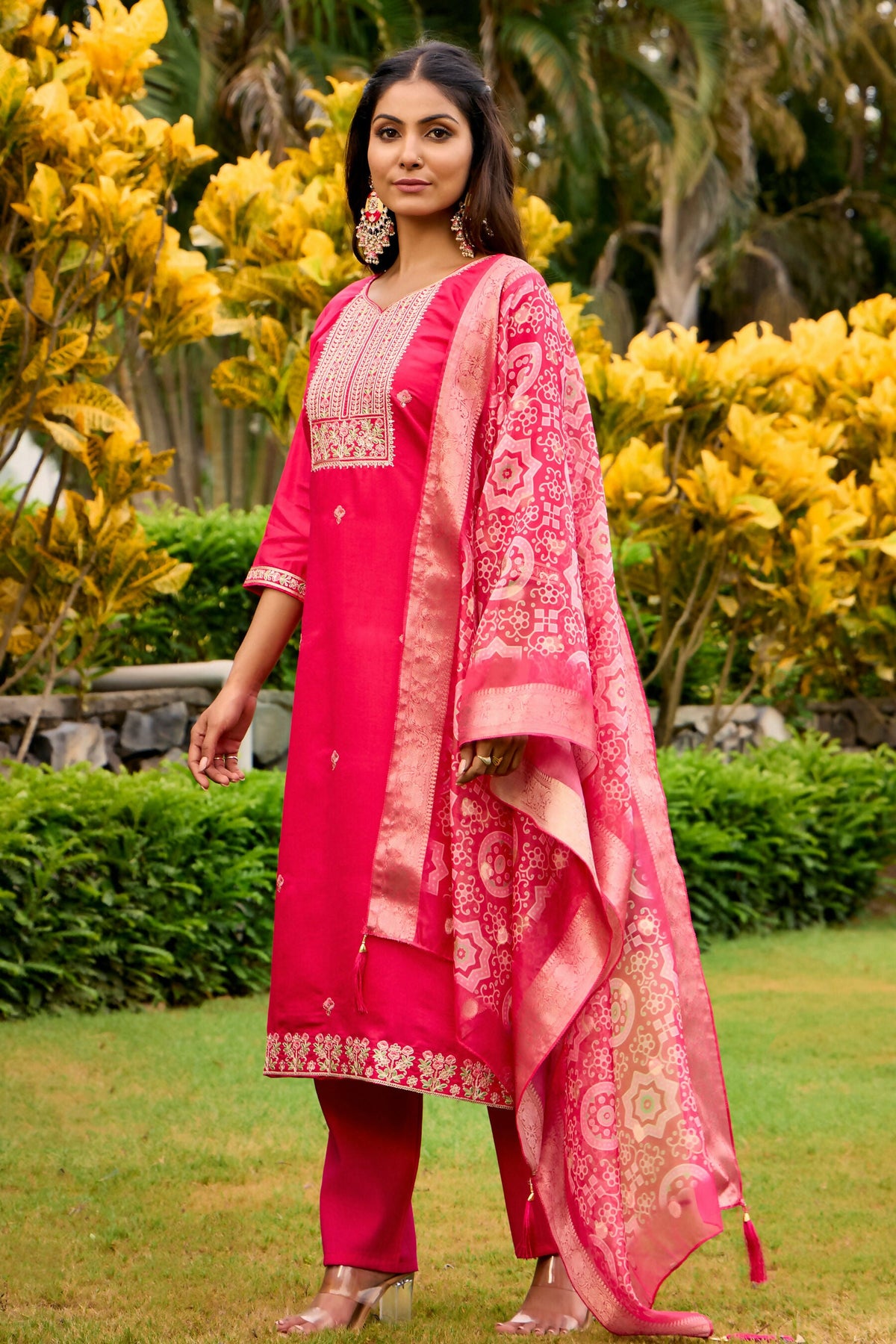 The52 Women's Beautiful Embroidery Work Roman Fabric Straight Kurta Pant and Dupatta Set | Grocsy