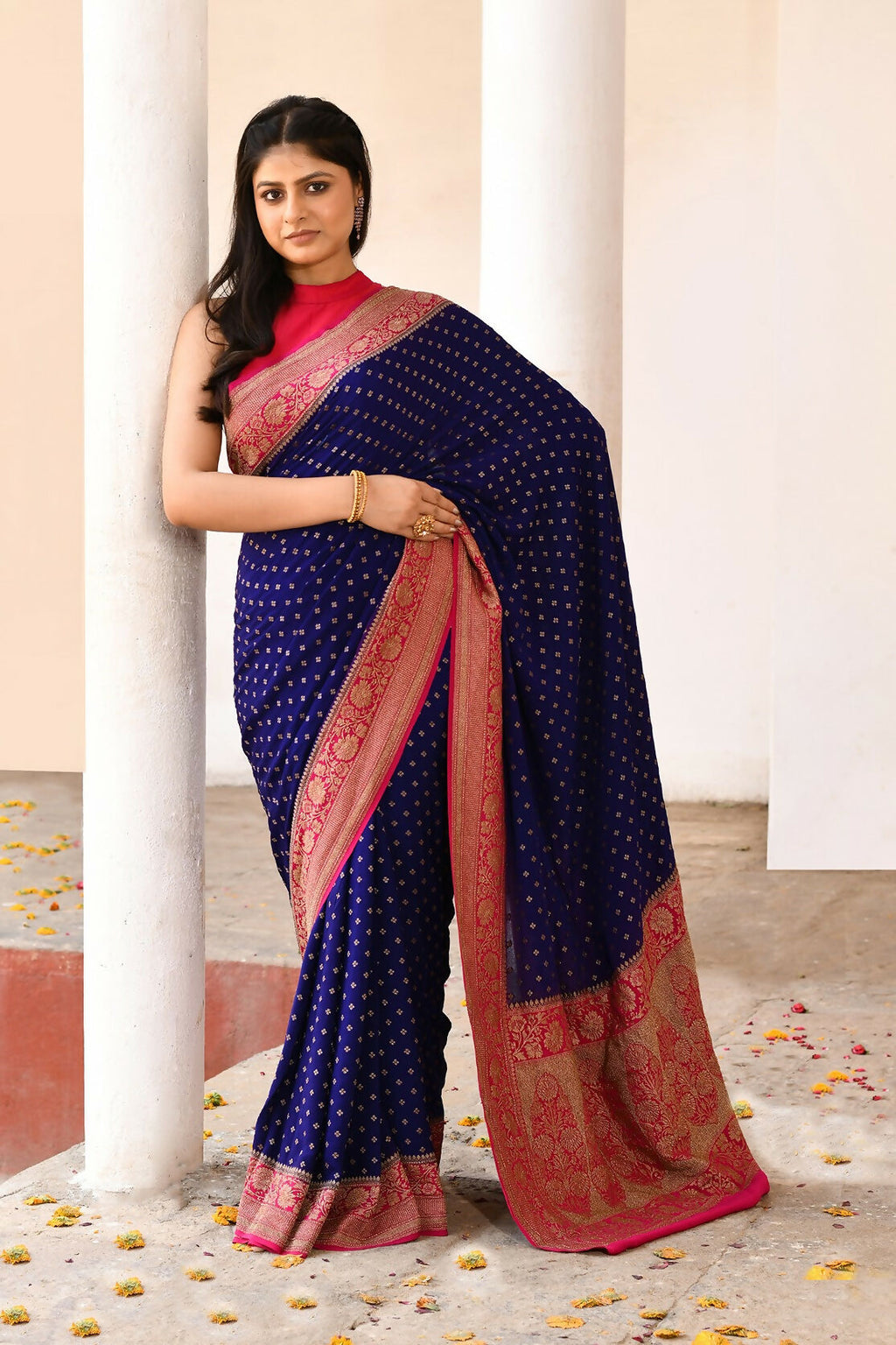 Joban Fashion Navy Blue Crepe Chiffon Pure Handloom Banarasi Silk Saree | Grocsy