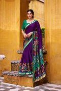 Vastranavya Purple Viscose Chanderi Kalamkari Print with Zari Working Saree & Unstitched Blouse | Grocsy