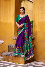 Vastranavya Purple Viscose Chanderi Kalamkari Print with Zari Working Saree & Unstitched Blouse | Grocsy