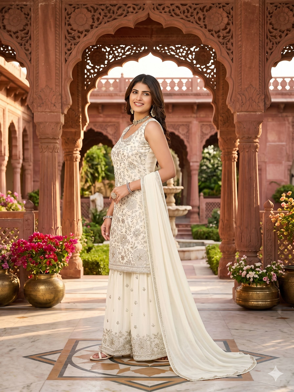 Teeya Creation Women's Georgette White Embroidered Sharara Set With Sequence Work And Lace Border Dupatta | Grocsy