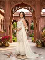 Teeya Creation Women's Georgette White Embroidered Sharara Set With Sequence Work And Lace Border Dupatta | Grocsy