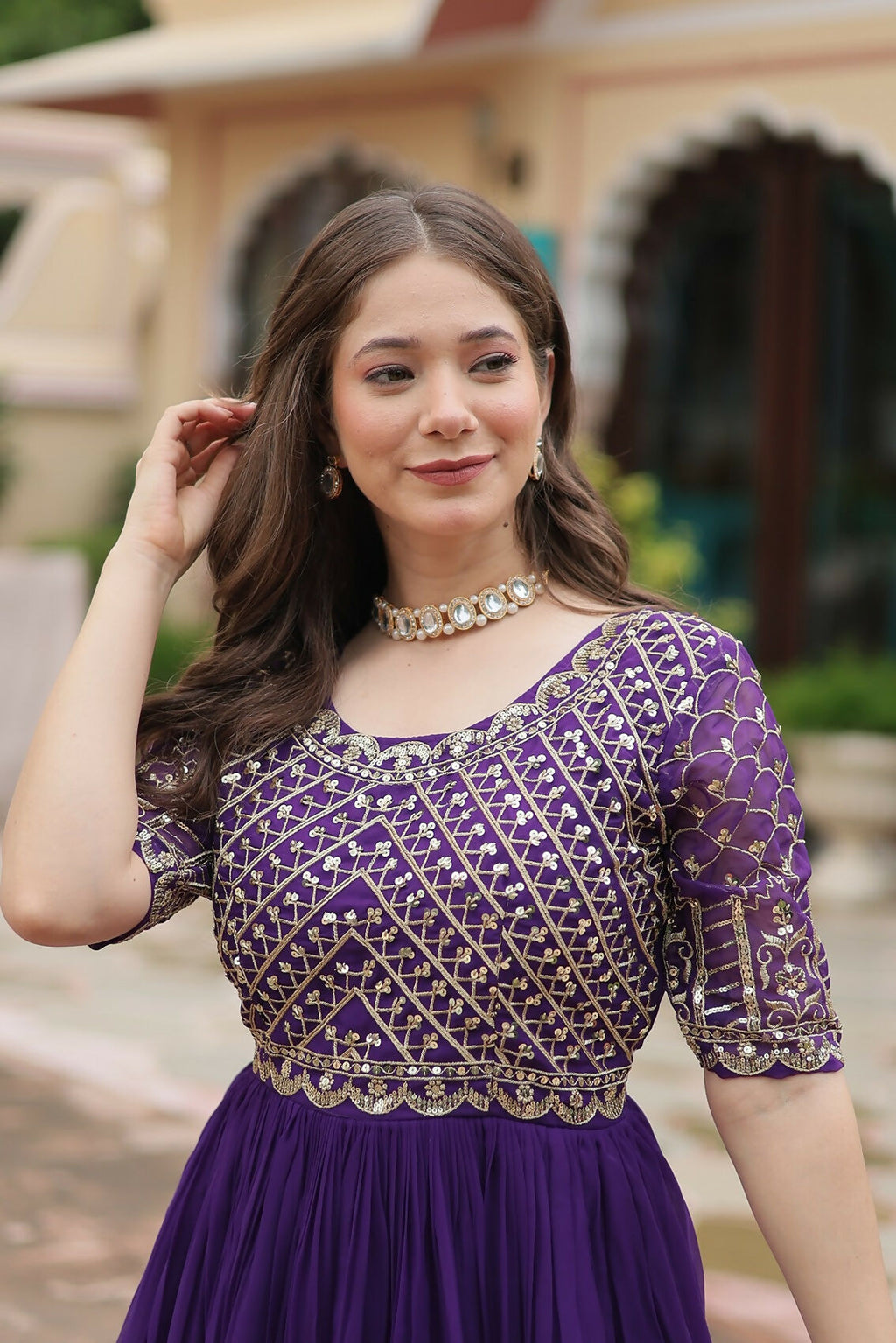 Joban Fashion Purple Georgette Sequence Embroidery Work Gown | Grocsy